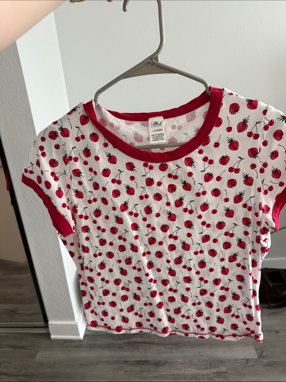 Frankie’s bikinis pink White Tee with Red Cherry & Strawberry Print
